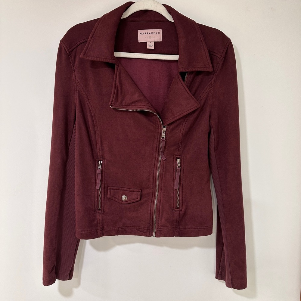 Marrakech Faux Suede Moto Jacket Womens Small Burgundy Ribbed Knit‎ | Moto Chic